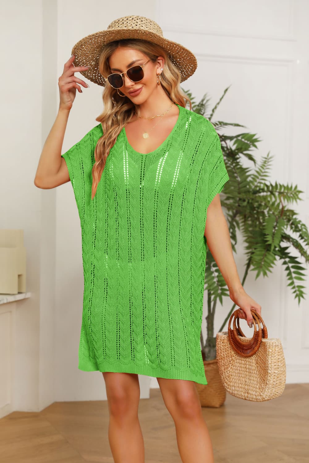 Openwork Side Slit Knit Dress - Sage Her