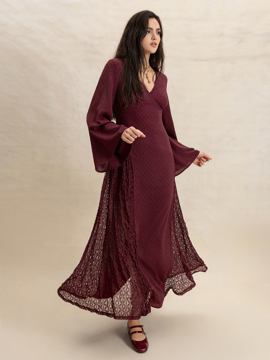 Lace Patchwork V-Neck Long Sleeve Midi Dress - Sage Her