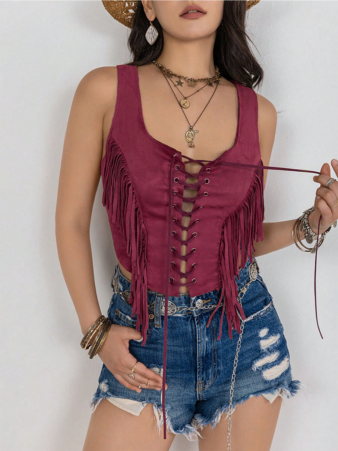 Fringe Lace-Up Vest - Sage Her