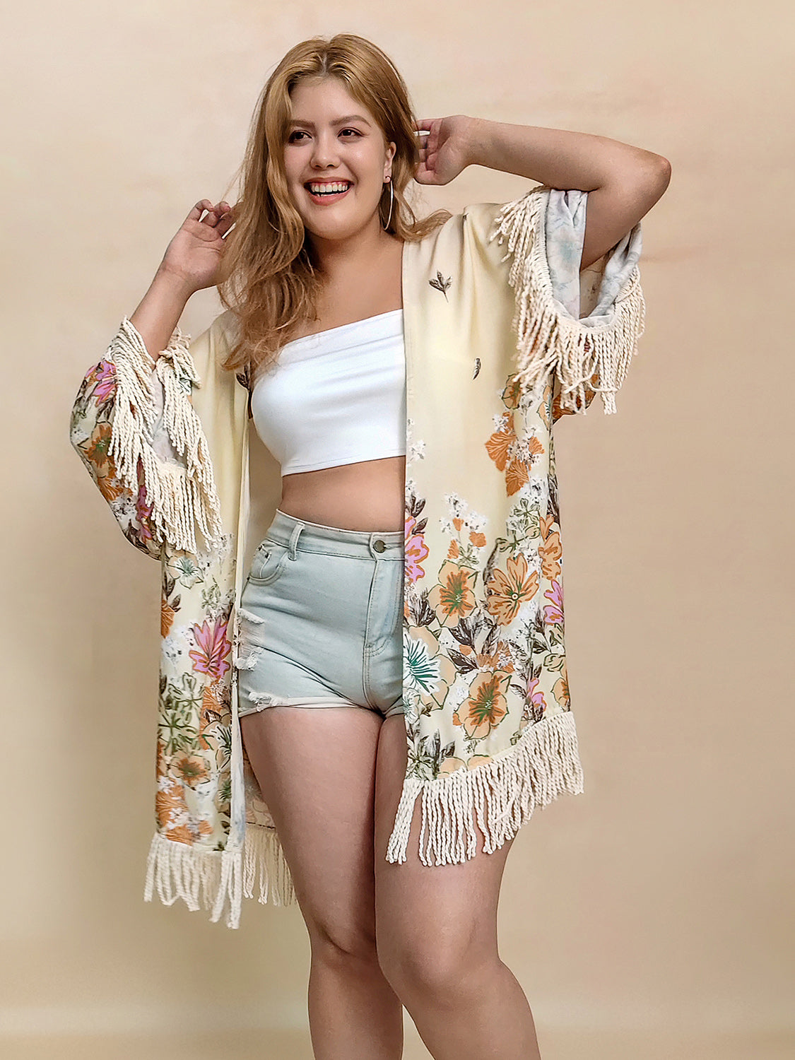 Fringe Printed Open Front Kimono - Sage Her