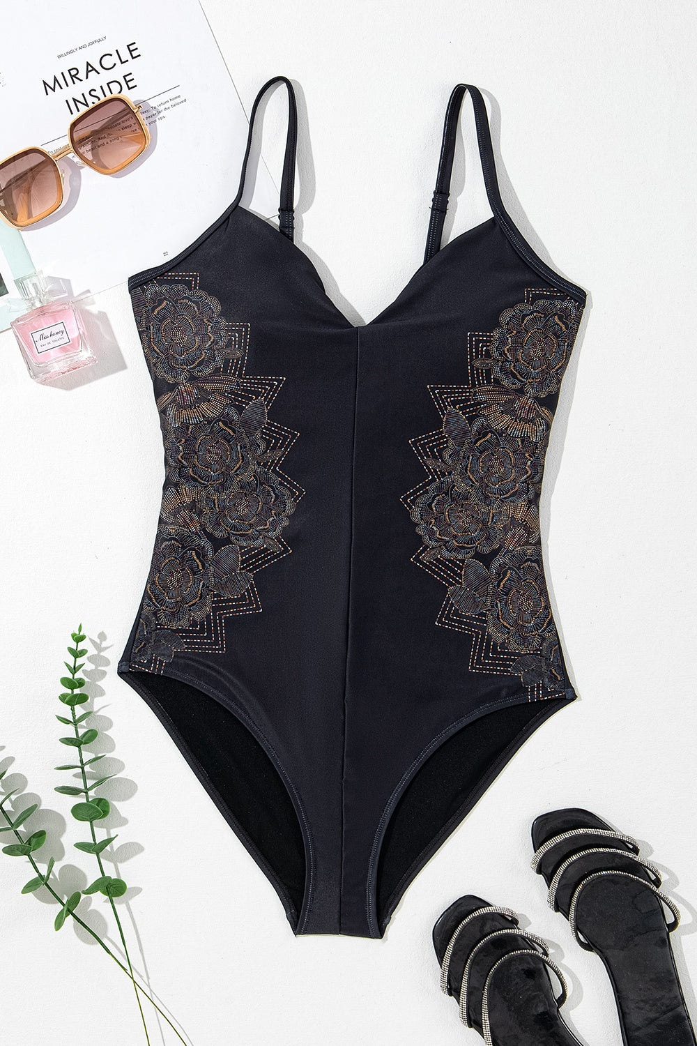 Embroidered V-Neck One-Piece Swimwear - Sage Her