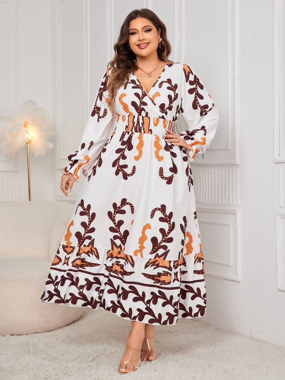 Honey Printed Surplice Flounce Sleeve Dress - Sage Her