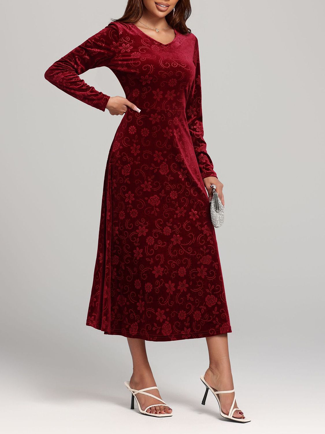 Flower Print V-Neck Long Sleeve Midi Dress - Sage Her