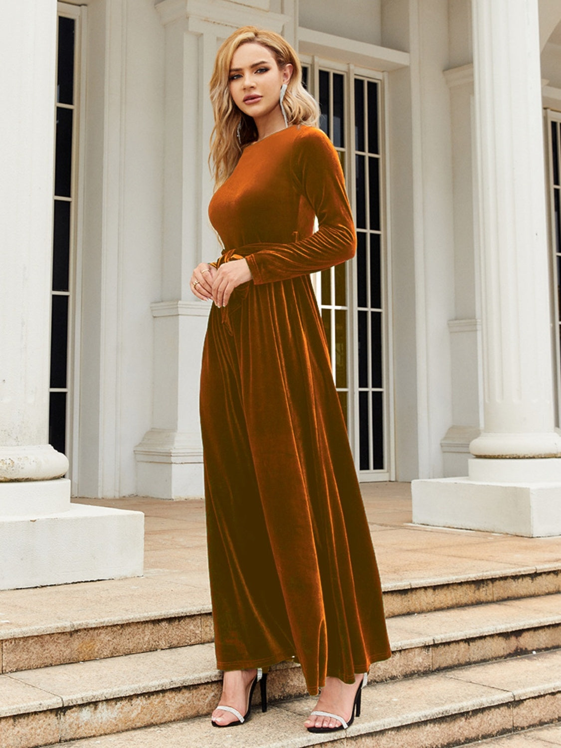 Tie Front Round Neck Long Sleeve Maxi Dress - Sage Her