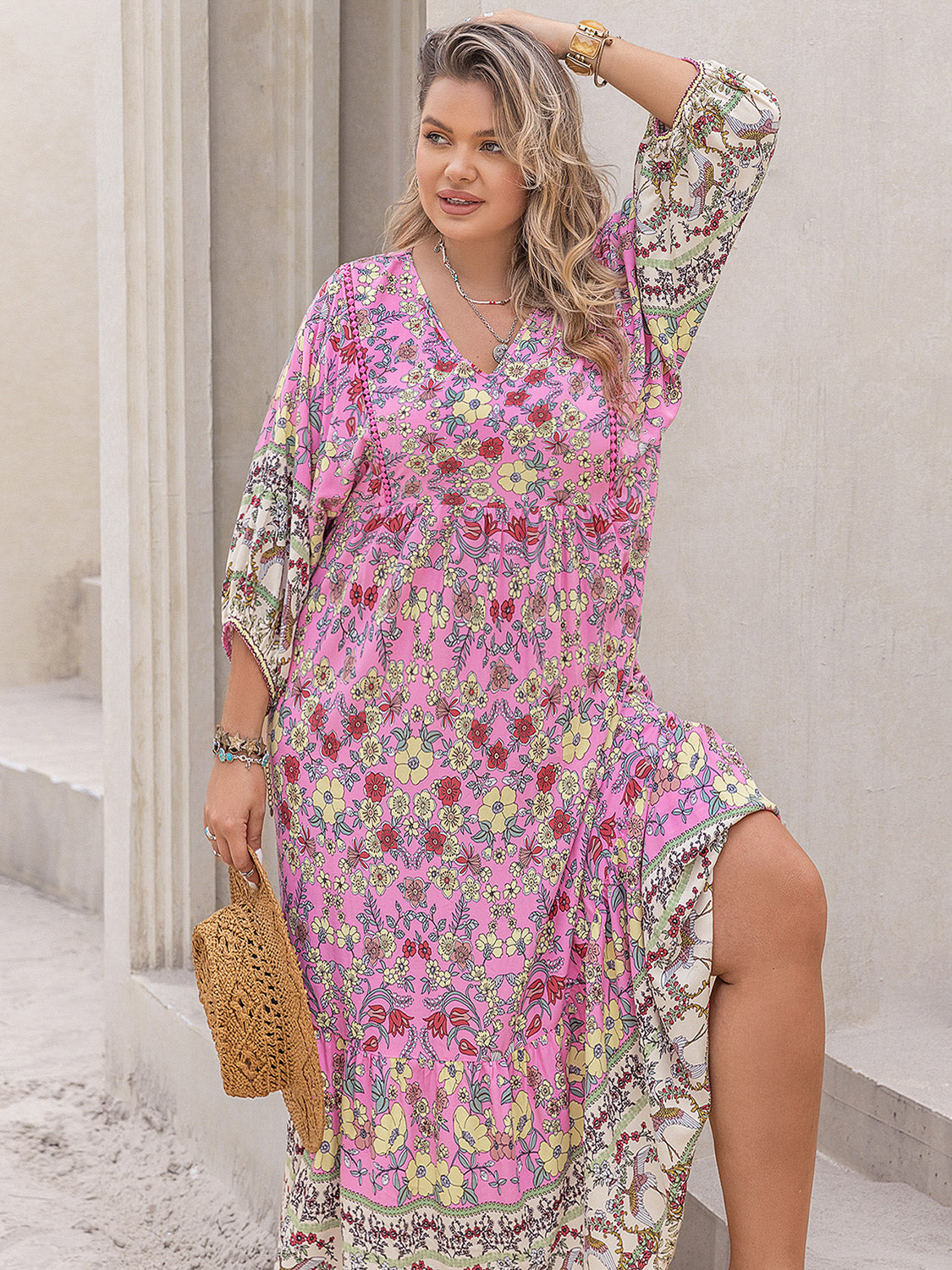 Floral V-Neck Balloon Sleeve Midi Dress - Sage Her