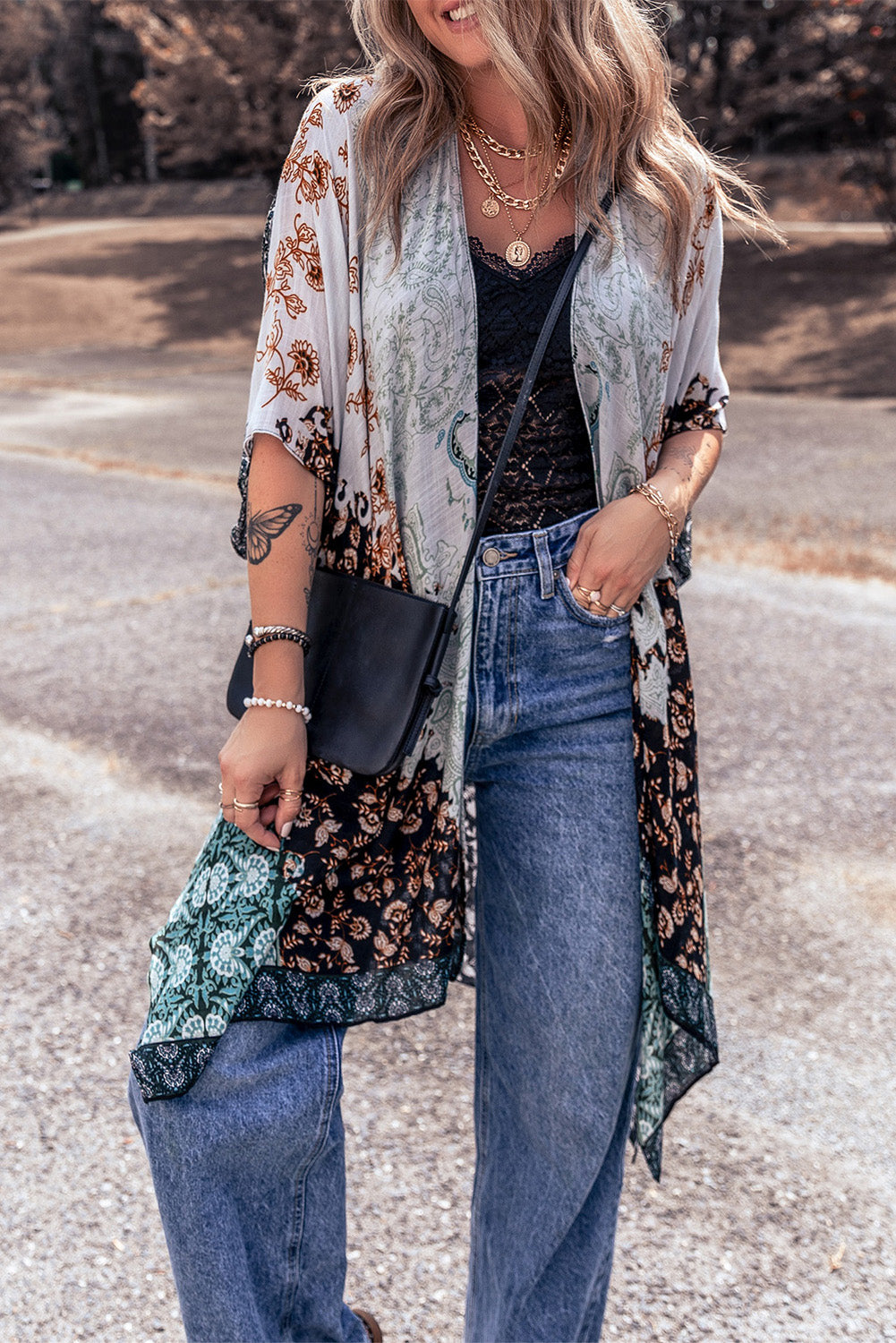 Geometric Printed Half Sleeve Kimono - Sage Her