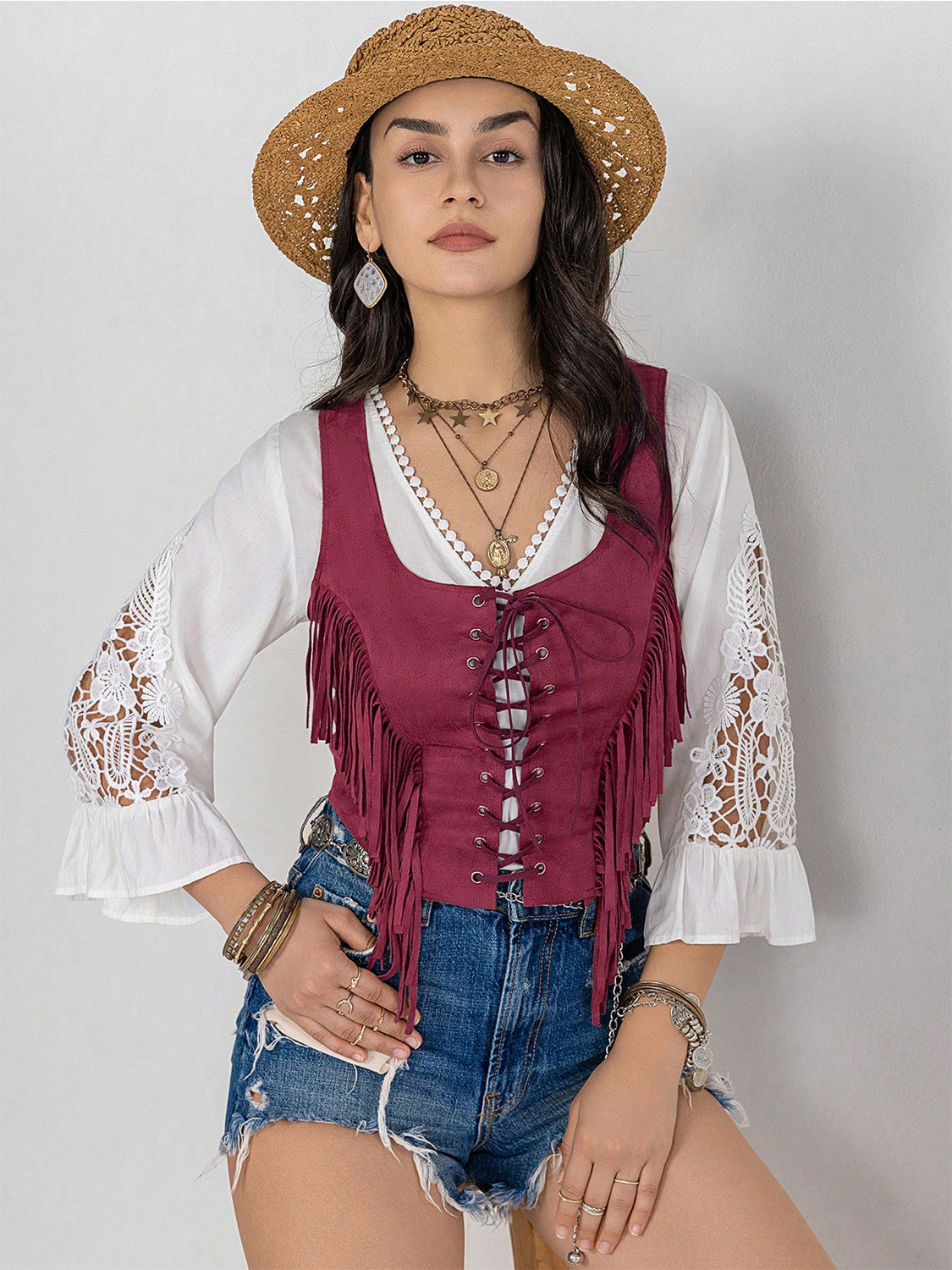 Fringe Lace-Up Vest - Sage Her