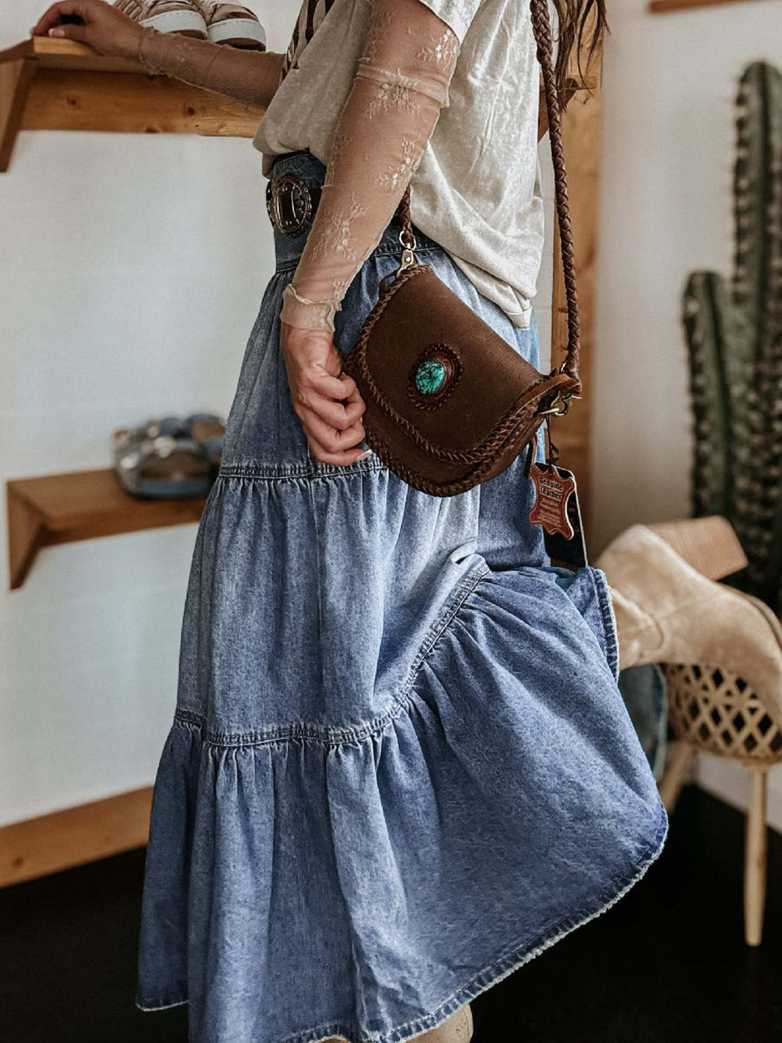 Tiered Button-Fly Denim Skirt - Sage Her