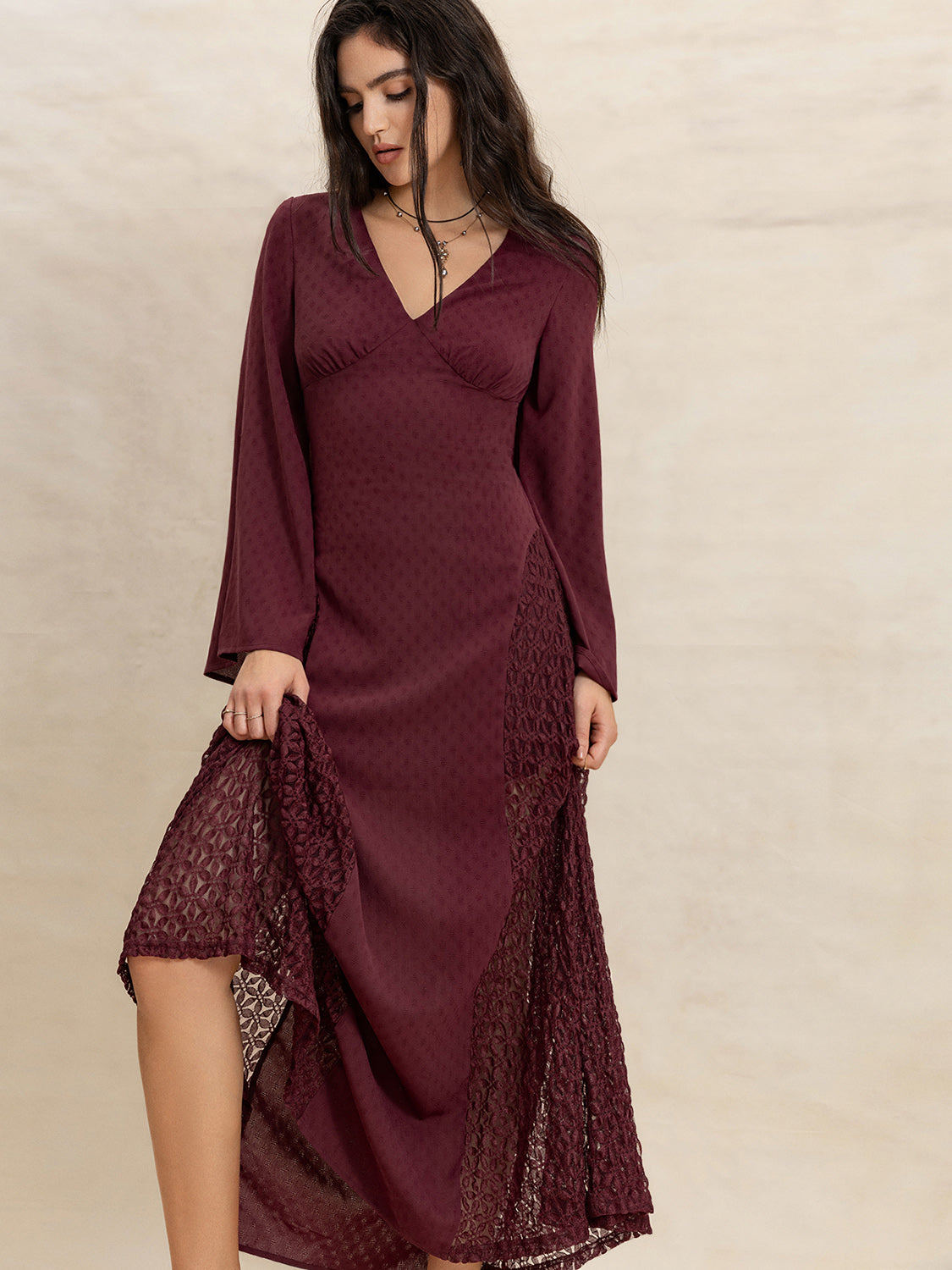 Lace Patchwork V-Neck Long Sleeve Midi Dress - Sage Her