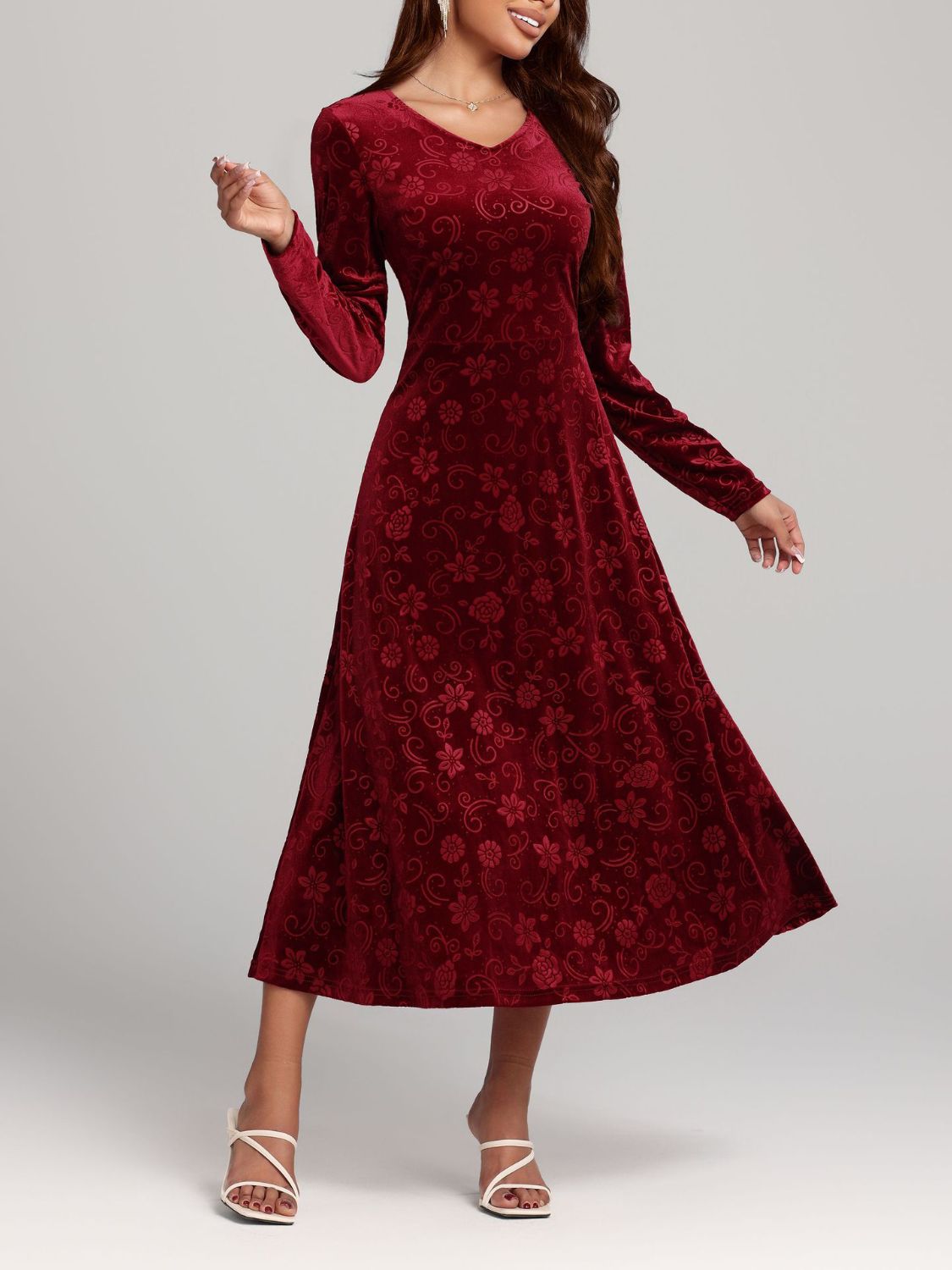 Flower Print V-Neck Long Sleeve Midi Dress - Sage Her