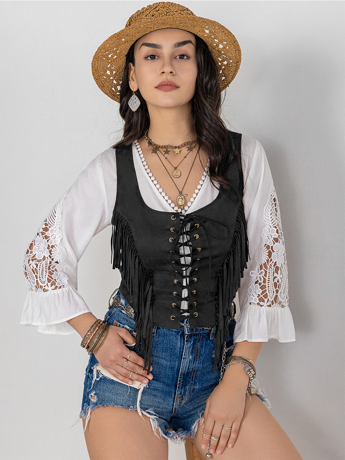 Fringe Lace-Up Vest - Sage Her