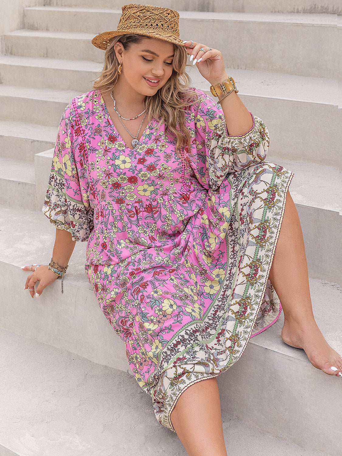 Floral V-Neck Balloon Sleeve Midi Dress - Sage Her