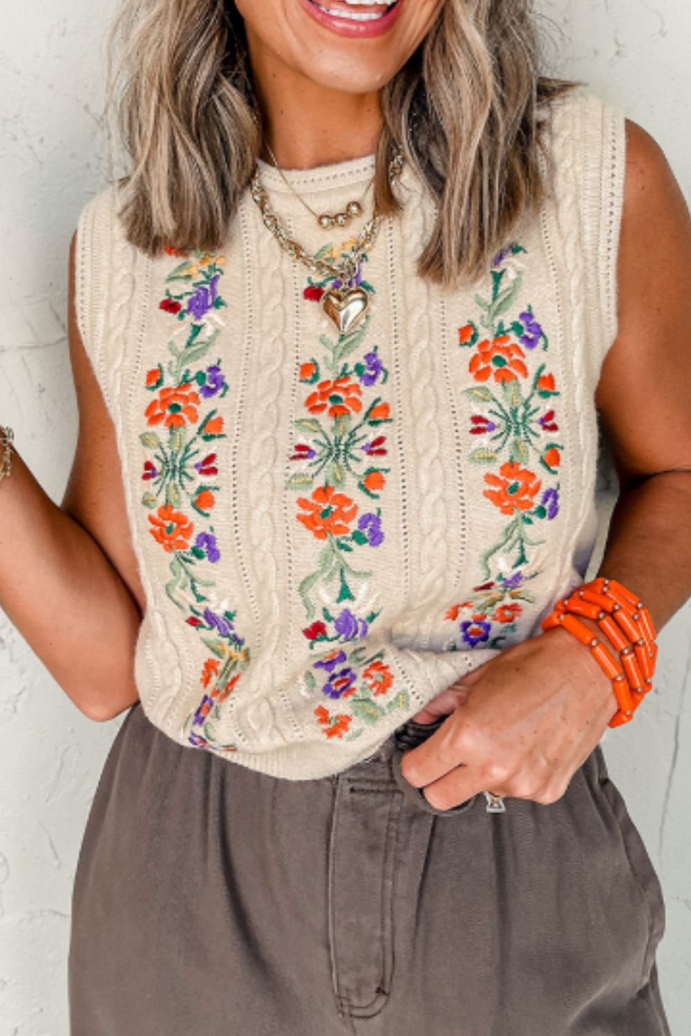 Embroidered Cable-Knit Round Neck Sweater Vest - Sage Her