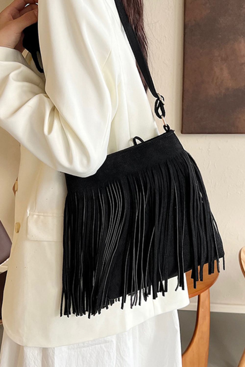 Suede Fringe Shoulder Bag - Sage Her