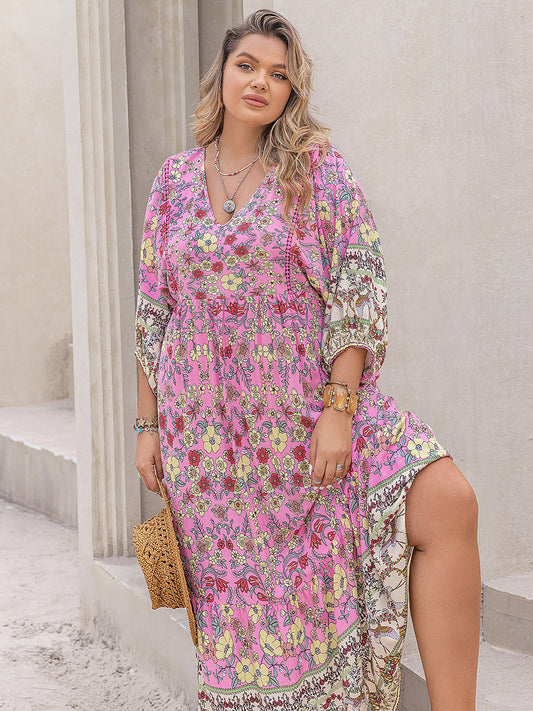 Floral V-Neck Balloon Sleeve Midi Dress - Sage Her