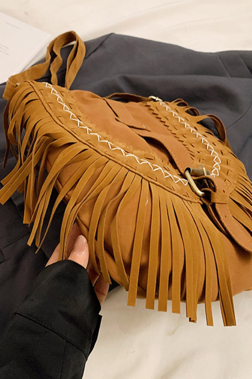 Suede Fringe Wide Strap Shoulder Bag - Sage Her