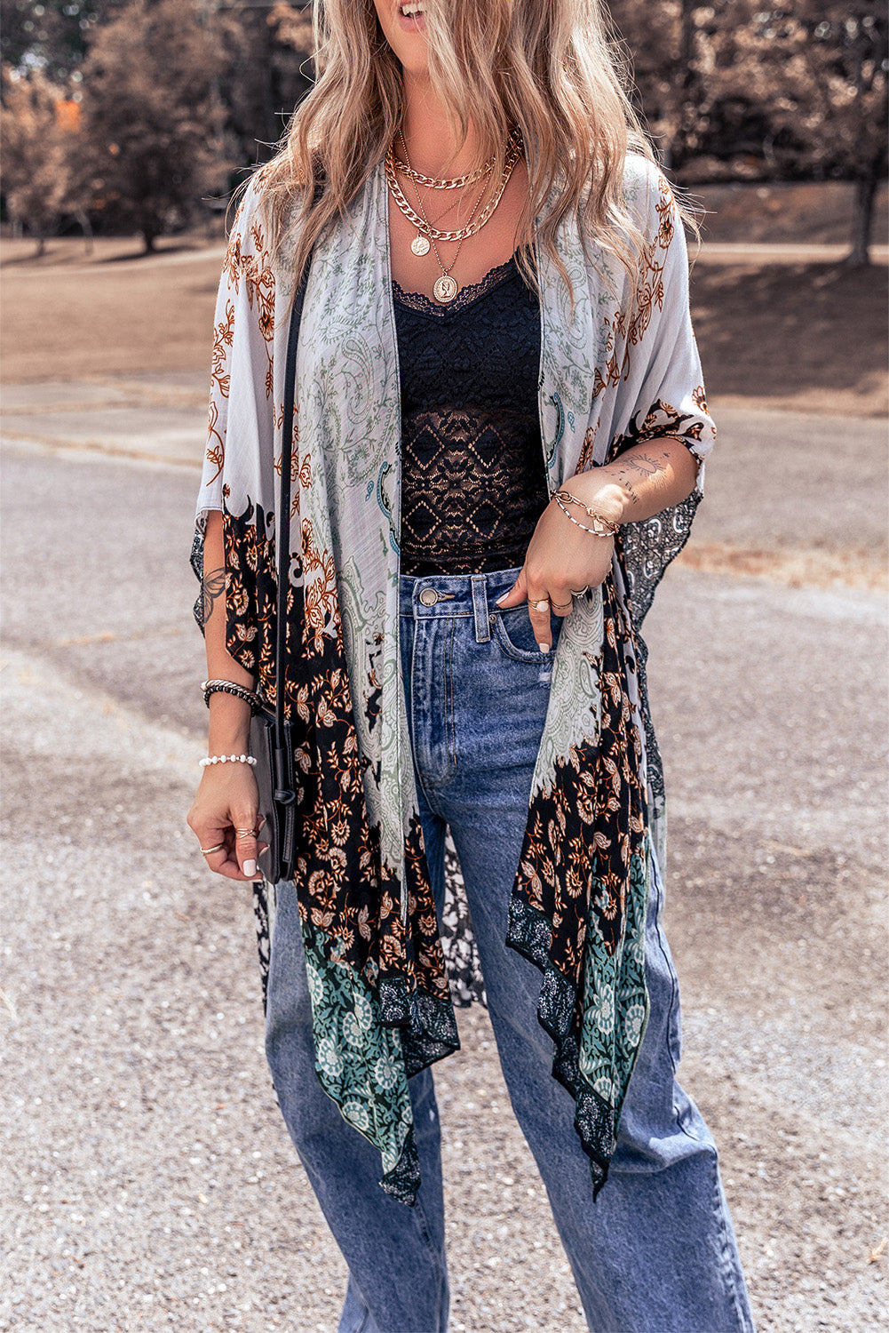 Geometric Printed Half Sleeve Kimono - Sage Her