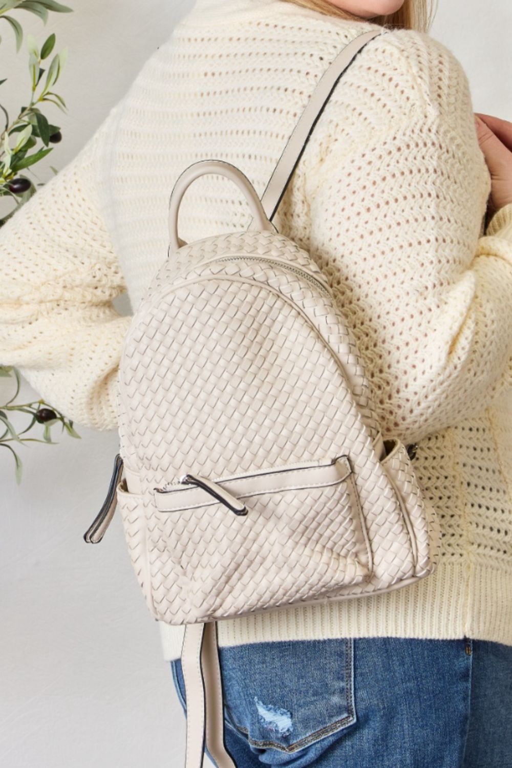 PU Leather Woven Backpack - Sage Her