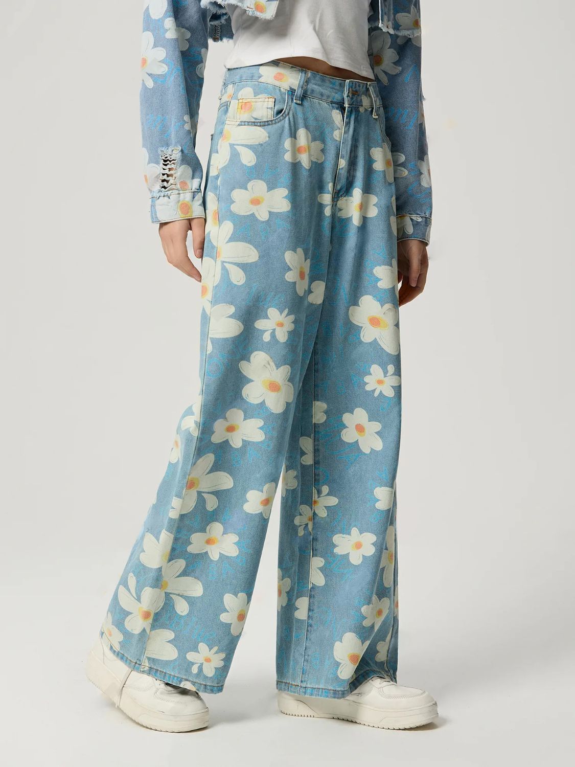 Pocketed Floral Wide Leg Jeans - Sage Her