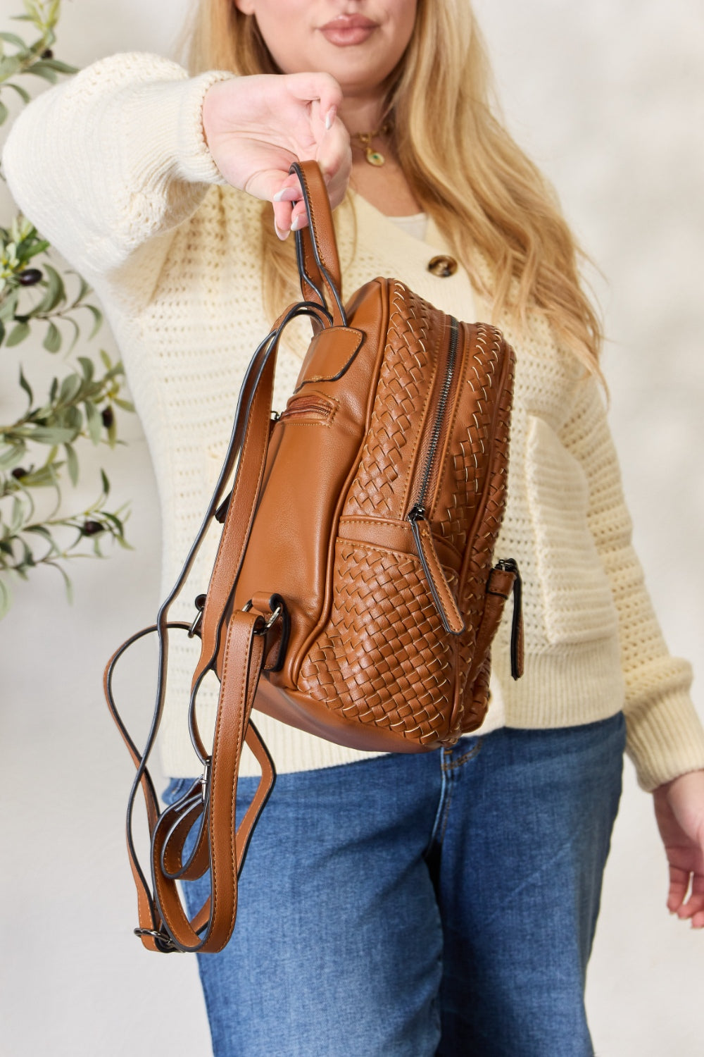 PU Leather Woven Backpack - Sage Her