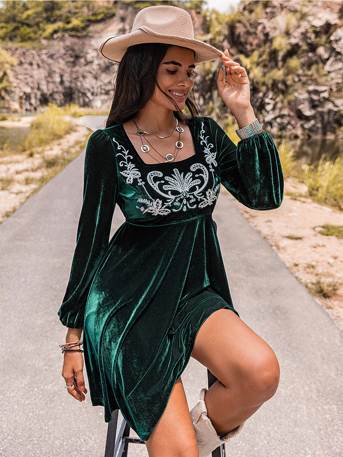 Embroidered Square Neck Long Sleeve Dress - Sage Her