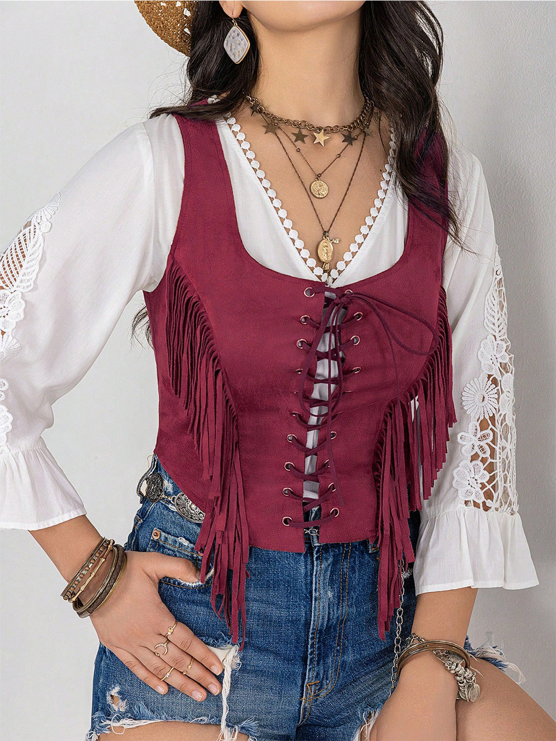 Fringe Lace-Up Vest - Sage Her