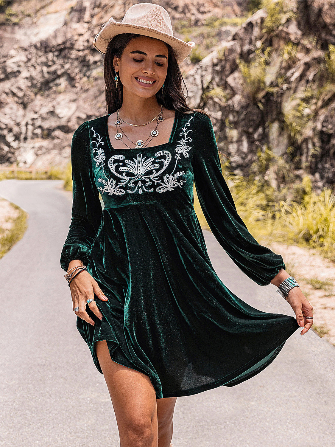 Embroidered Square Neck Long Sleeve Dress - Sage Her