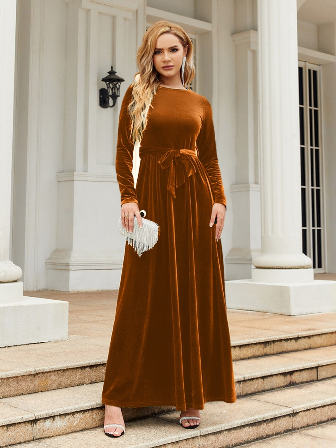 Tie Front Round Neck Long Sleeve Maxi Dress - Sage Her