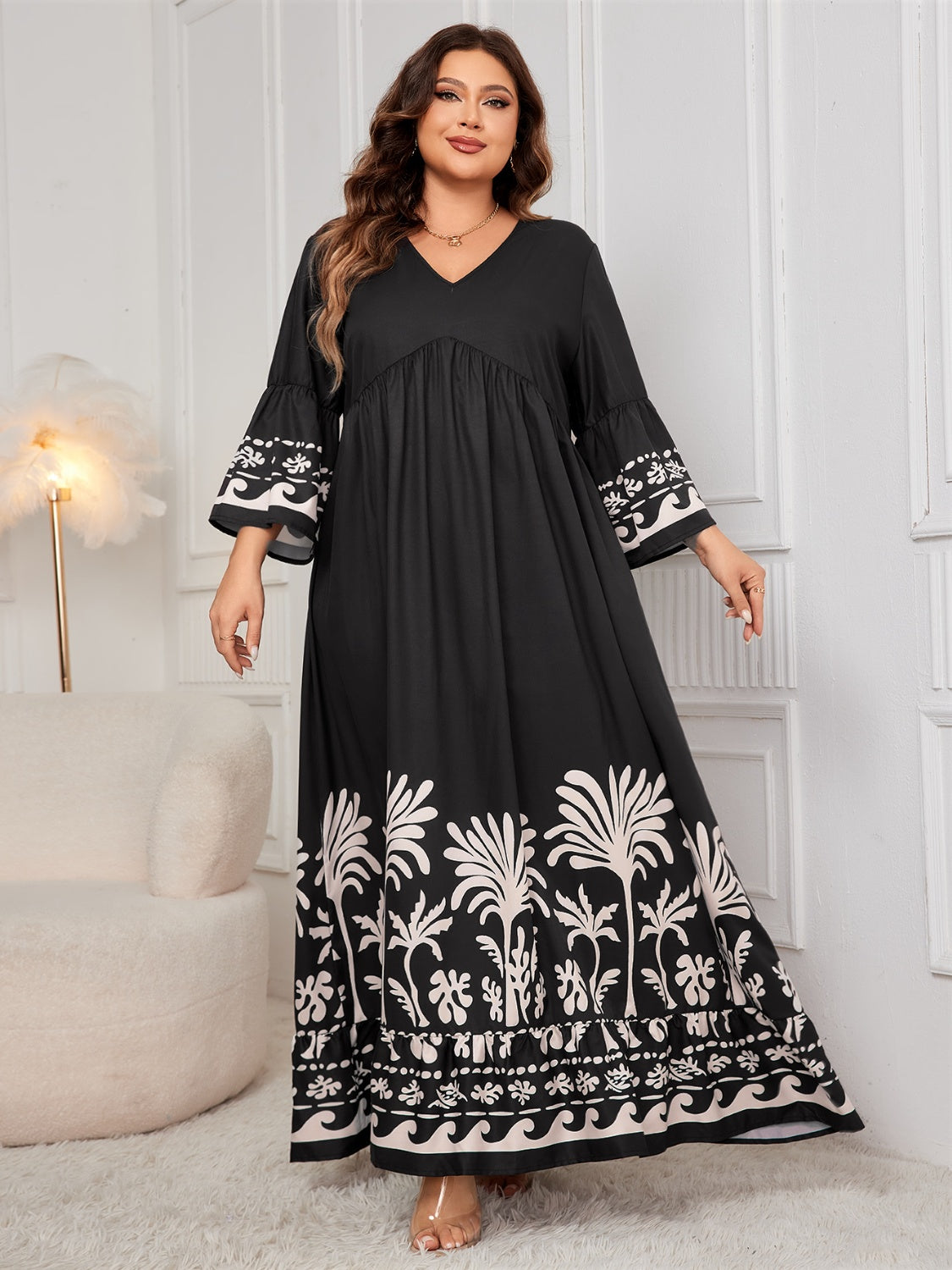 Honey Printed V-Neck Long Sleeve Maxi Dress - Sage Her