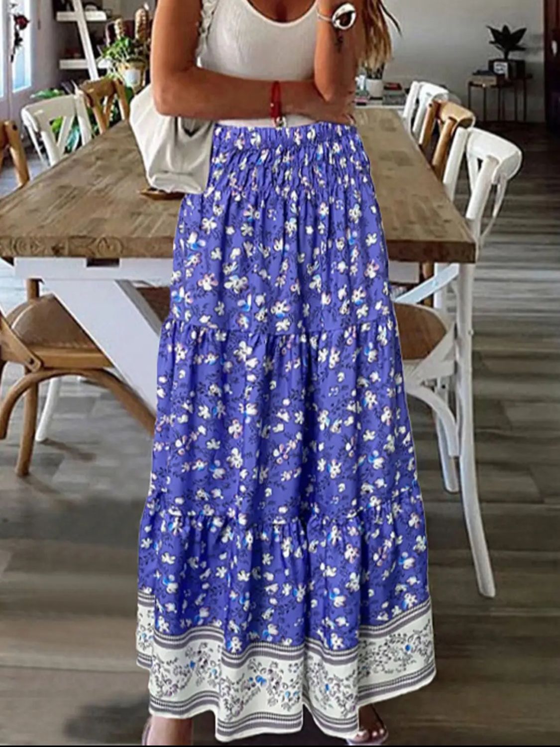 Full Size Tiered Printed Elastic Waist Skirt - Sage Her