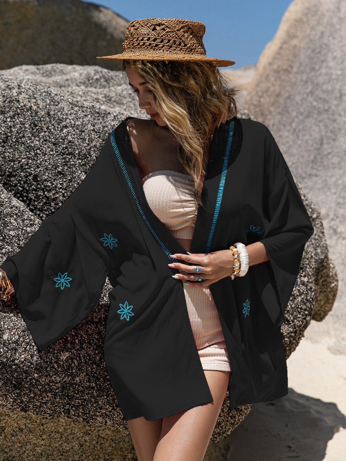 Embroidered Long Sleeve Kimono - Sage Her