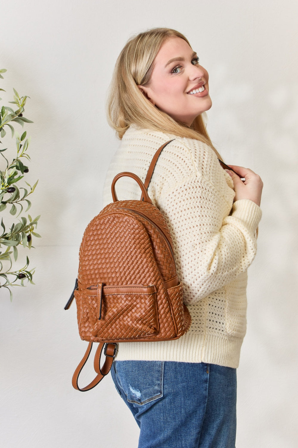 PU Leather Woven Backpack - Sage Her