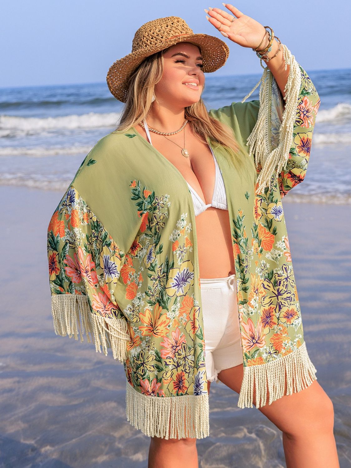 Fringe and Floral Open Front Kimono - Sage Her