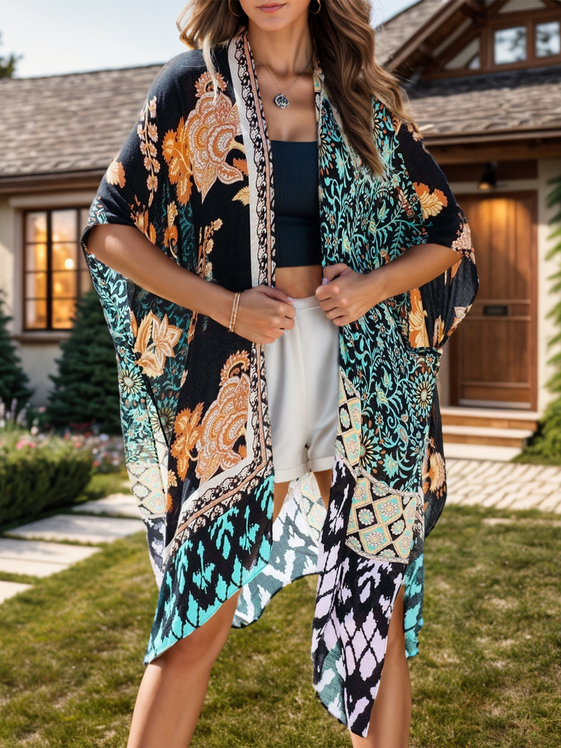 Printed Open Front Kimono - Sage Her