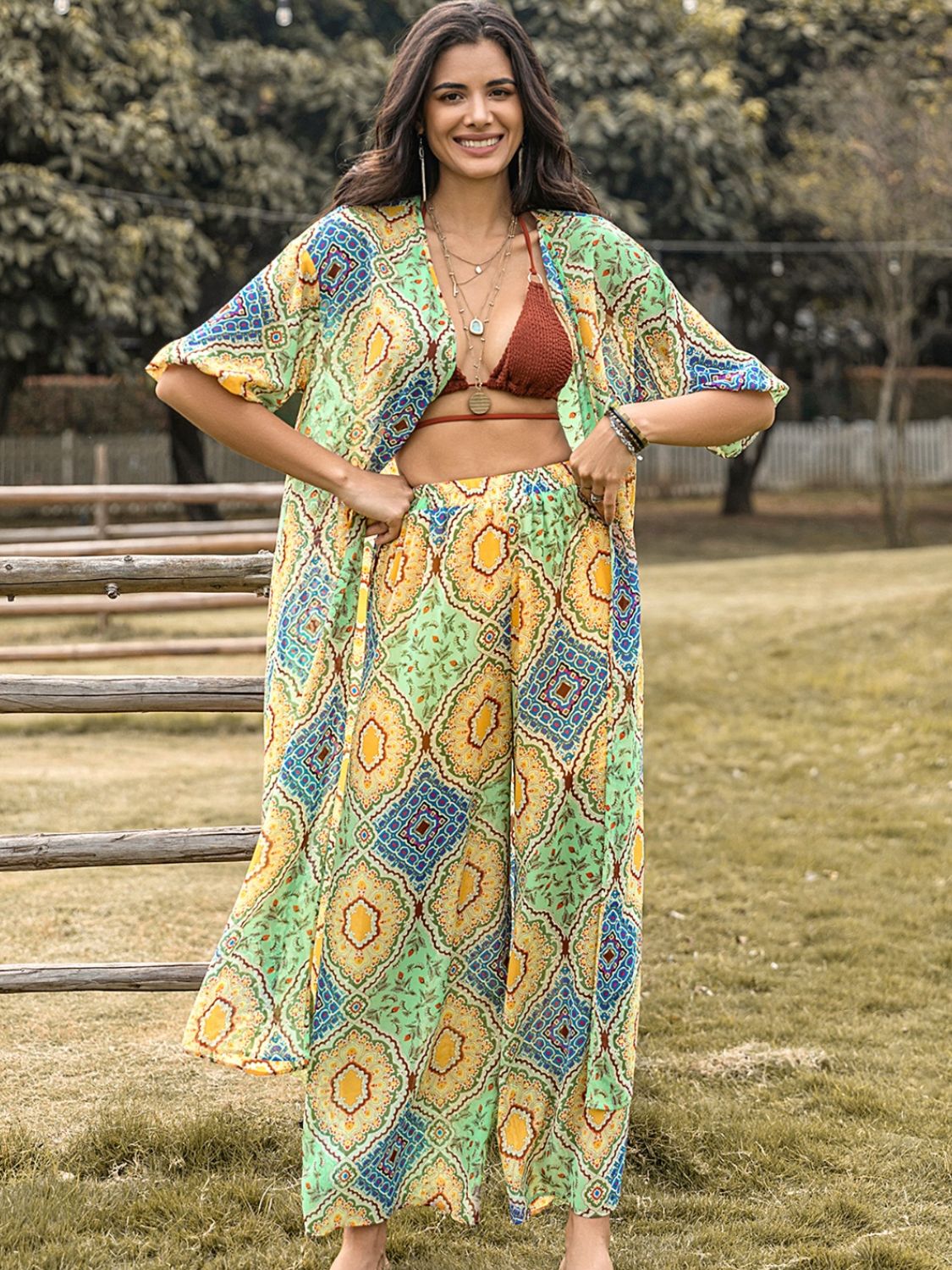 Printed Half Sleeve Top and Wide Leg Pants Set - Sage Her