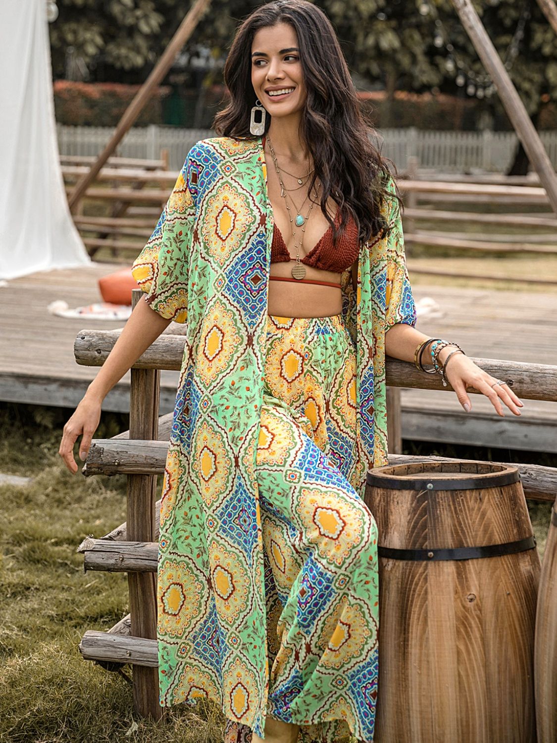 Printed Half Sleeve Top and Wide Leg Pants Set - Sage Her