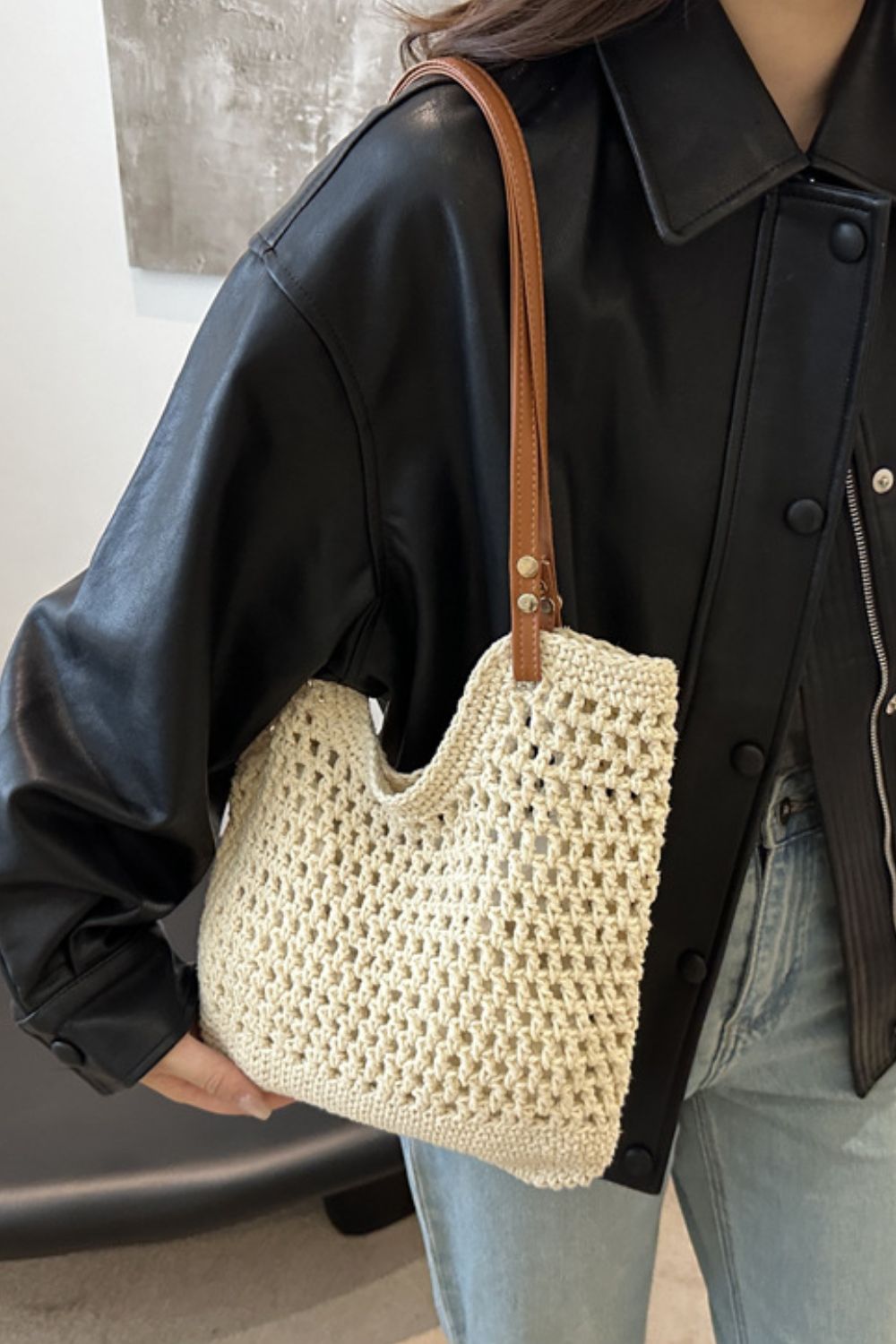 Openwork Woven Tote Bag - Sage Her