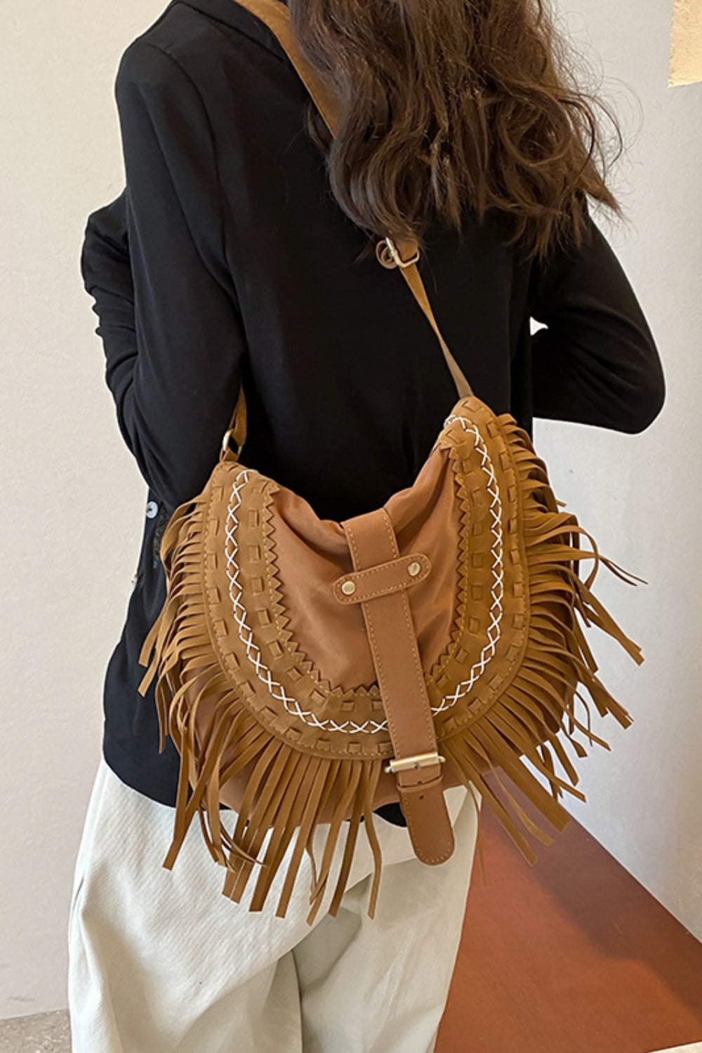 Suede Fringe Wide Strap Shoulder Bag - Sage Her