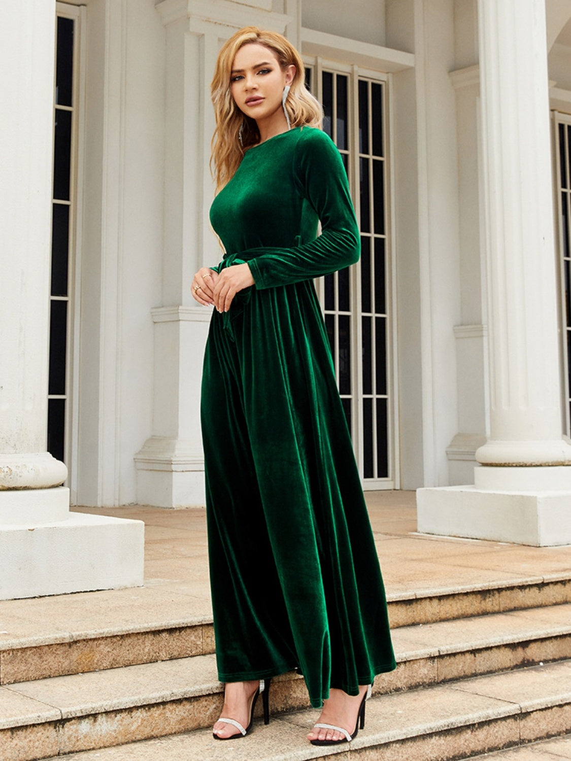 Tie Front Round Neck Long Sleeve Maxi Dress - Sage Her