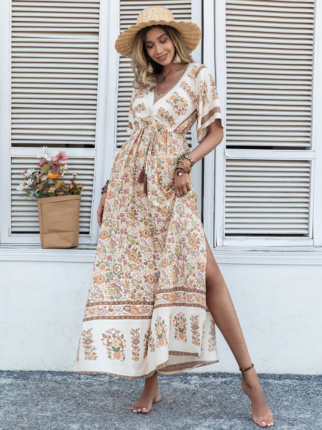 Printed Plunge Half Sleeve Dress - Sage Her