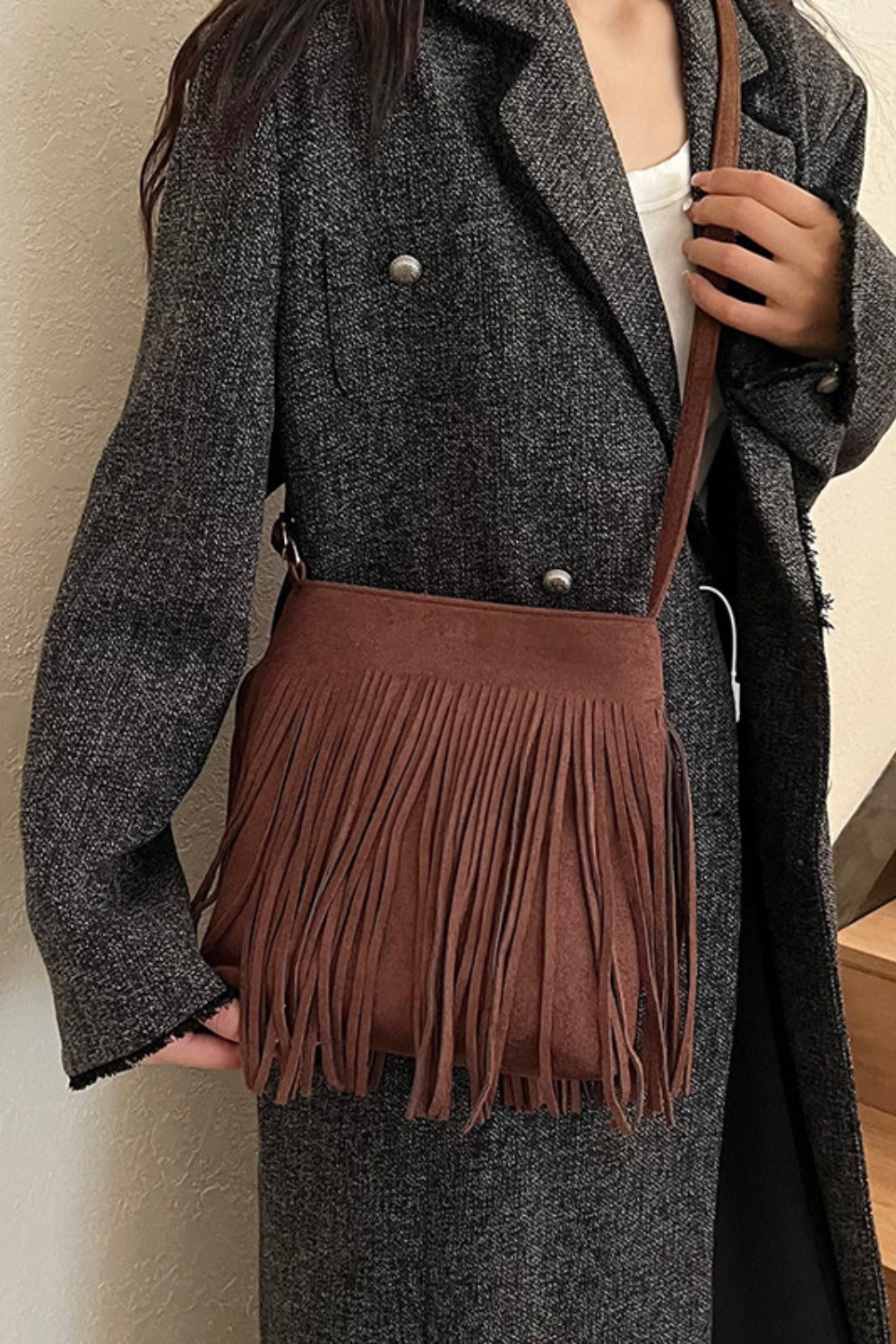 Suede Fringe Shoulder Bag - Sage Her