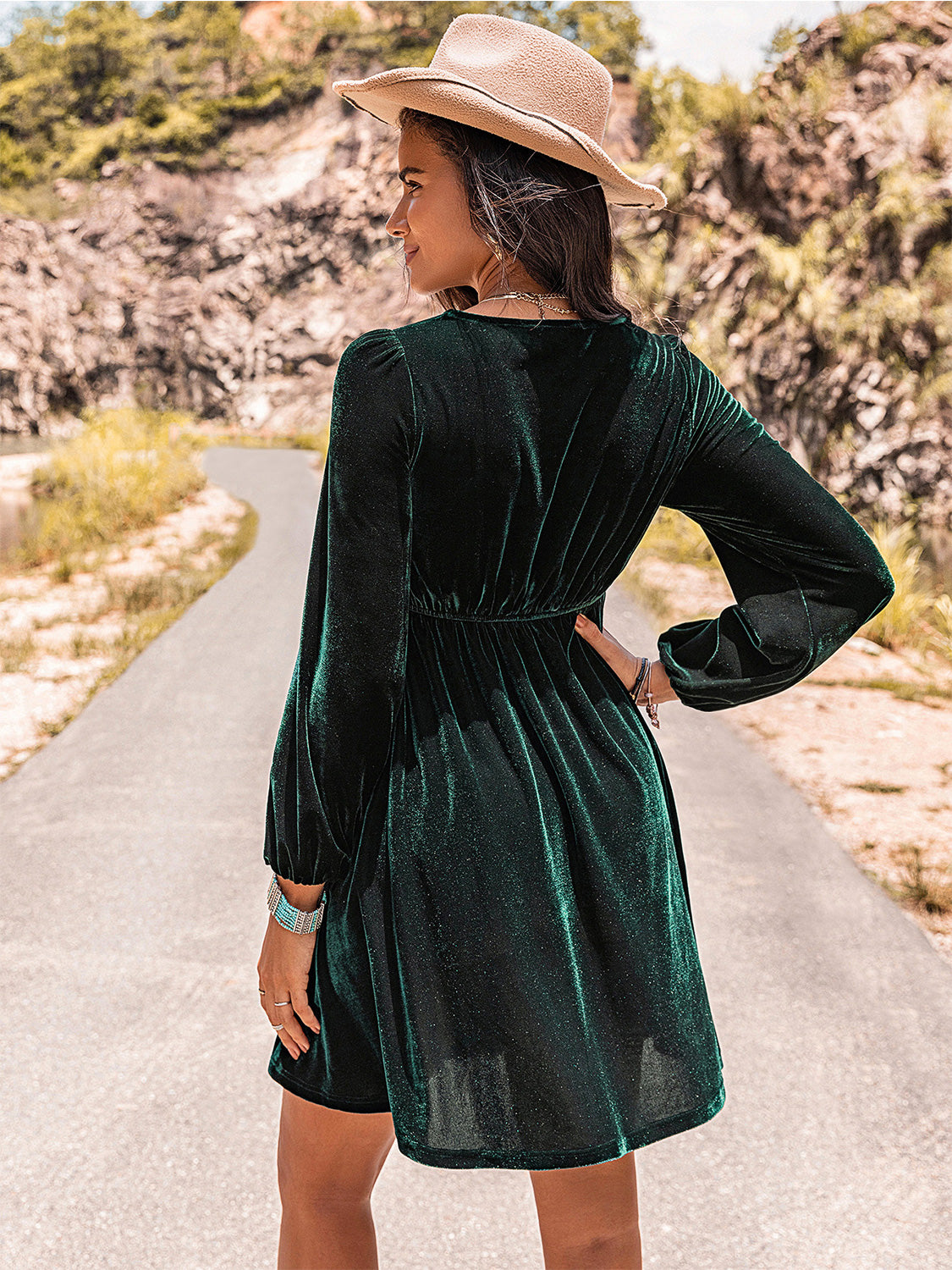 Embroidered Square Neck Long Sleeve Dress - Sage Her