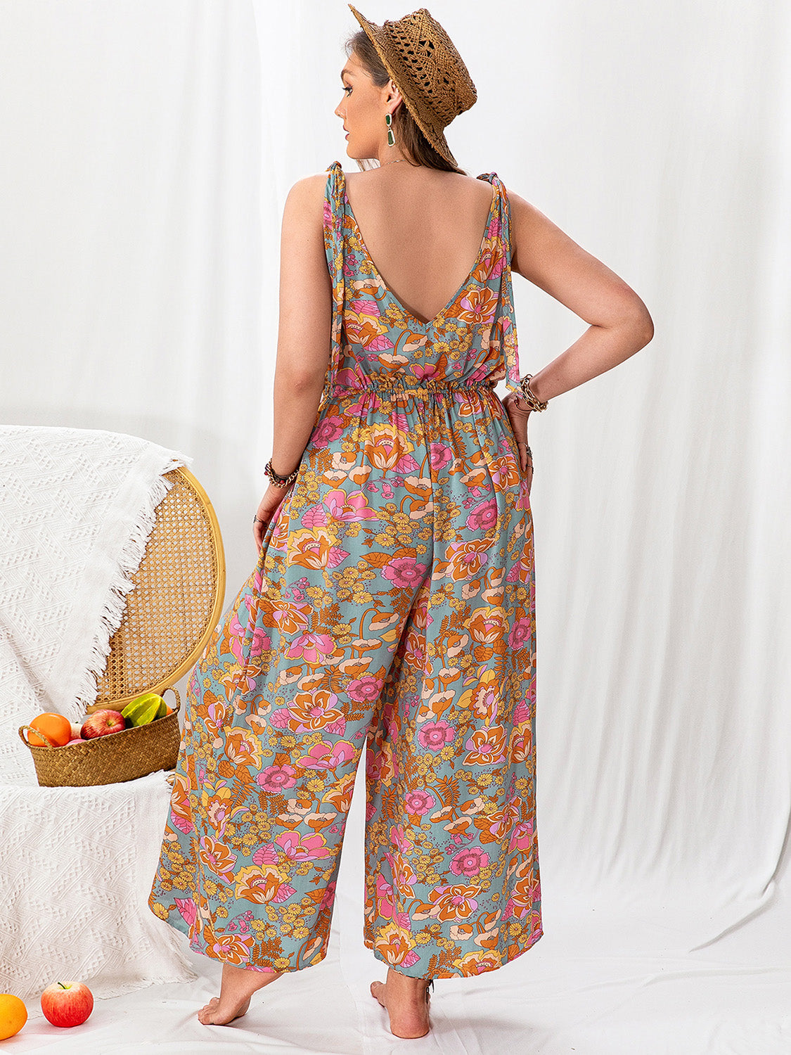 Printed Wide Leg Sleeveless Jumpsuit - Sage Her