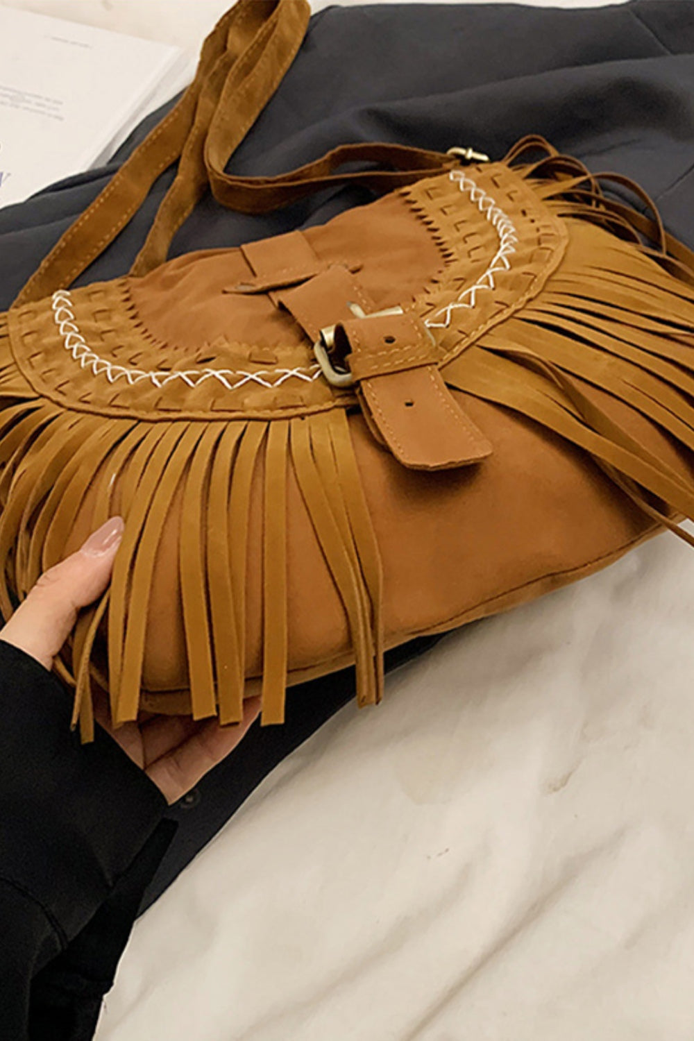 Suede Fringe Wide Strap Shoulder Bag - Sage Her