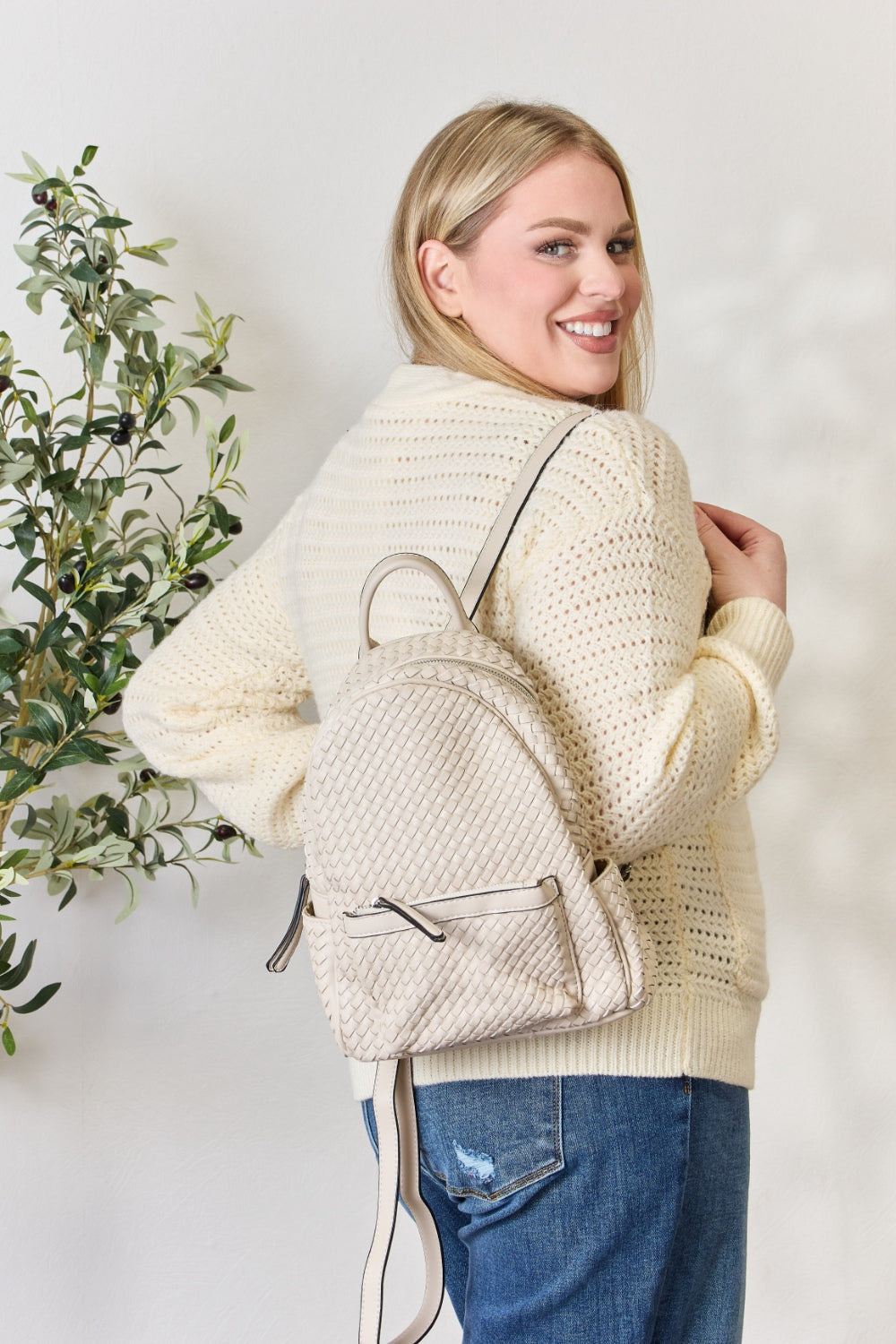 PU Leather Woven Backpack - Sage Her