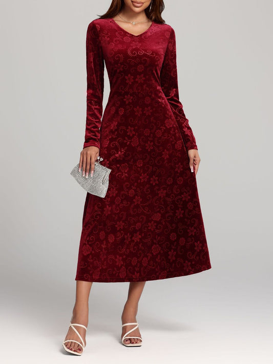 Flower Print V-Neck Long Sleeve Midi Dress - Sage Her