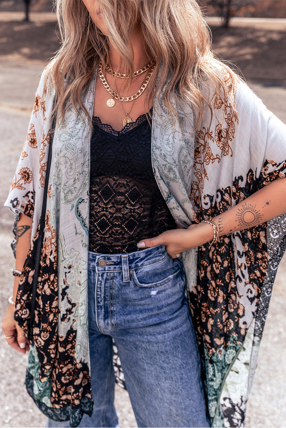 Geometric Printed Half Sleeve Kimono - Sage Her