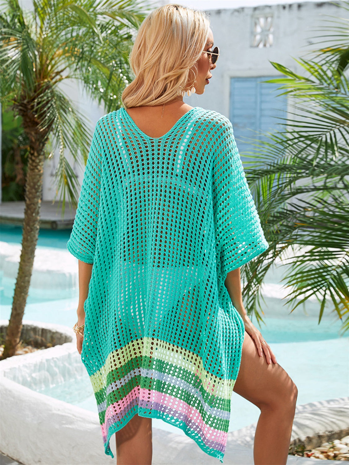 Slit Openwork V-Neck Half Sleeve Cover-Up - Sage Her