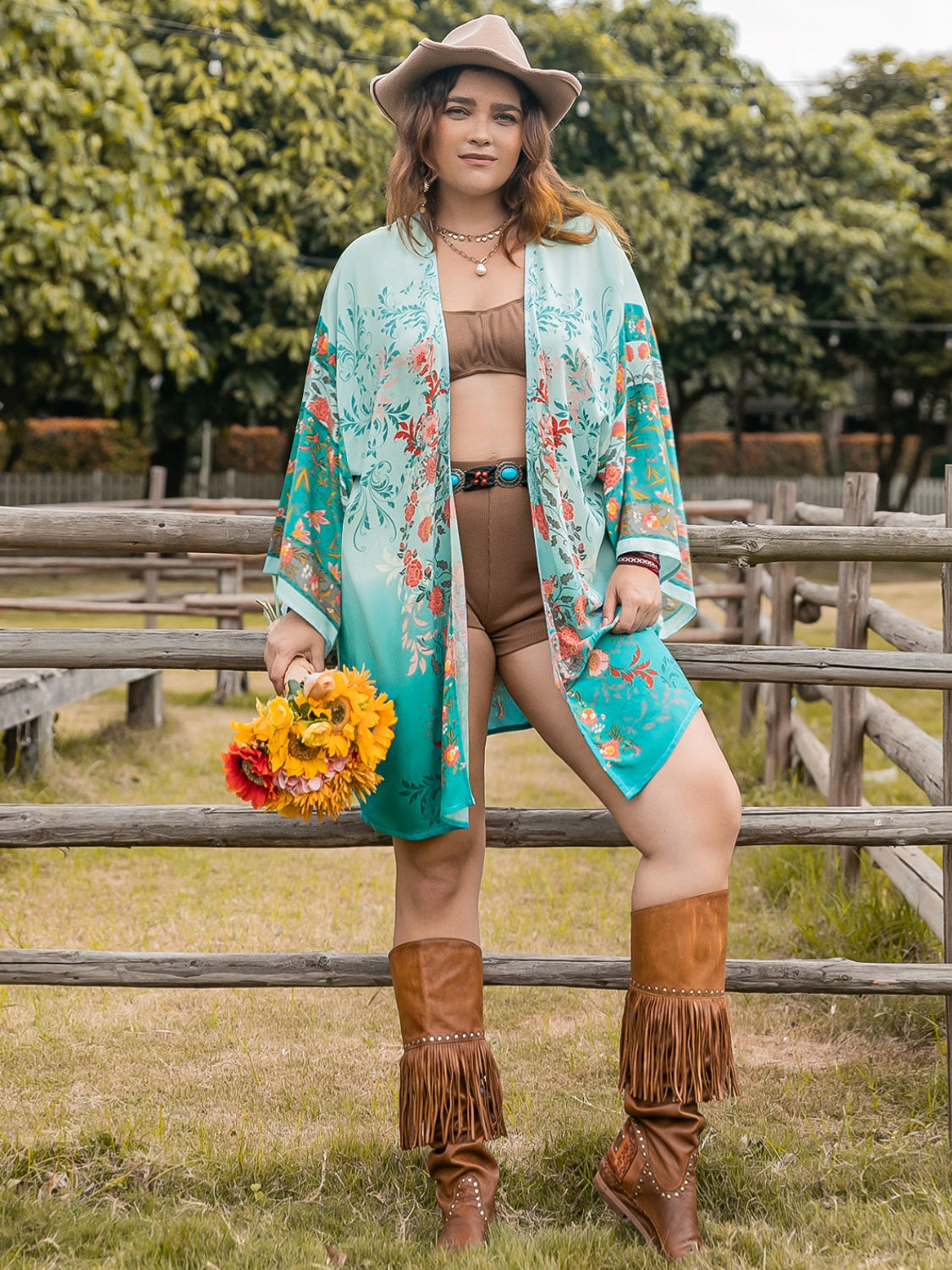 Printed Long Sleeve Kimono - Sage Her