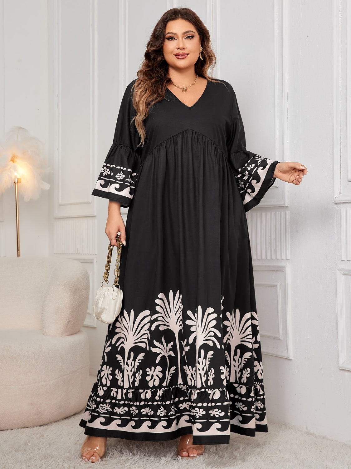 Honey Printed V-Neck Long Sleeve Maxi Dress - Sage Her